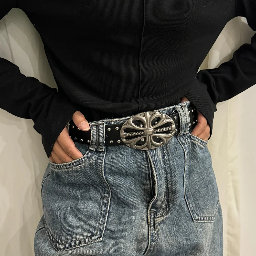 Unisex Punk Gothic Jeans Belt - Wide Hollow Cross & Heart Rivet Waistband for Women and Men