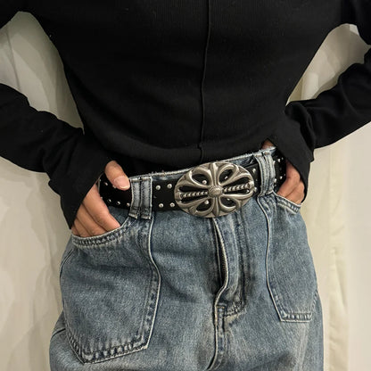Unisex Punk Gothic Jeans Belt - Wide Hollow Cross & Heart Rivet Waistband for Women and Men