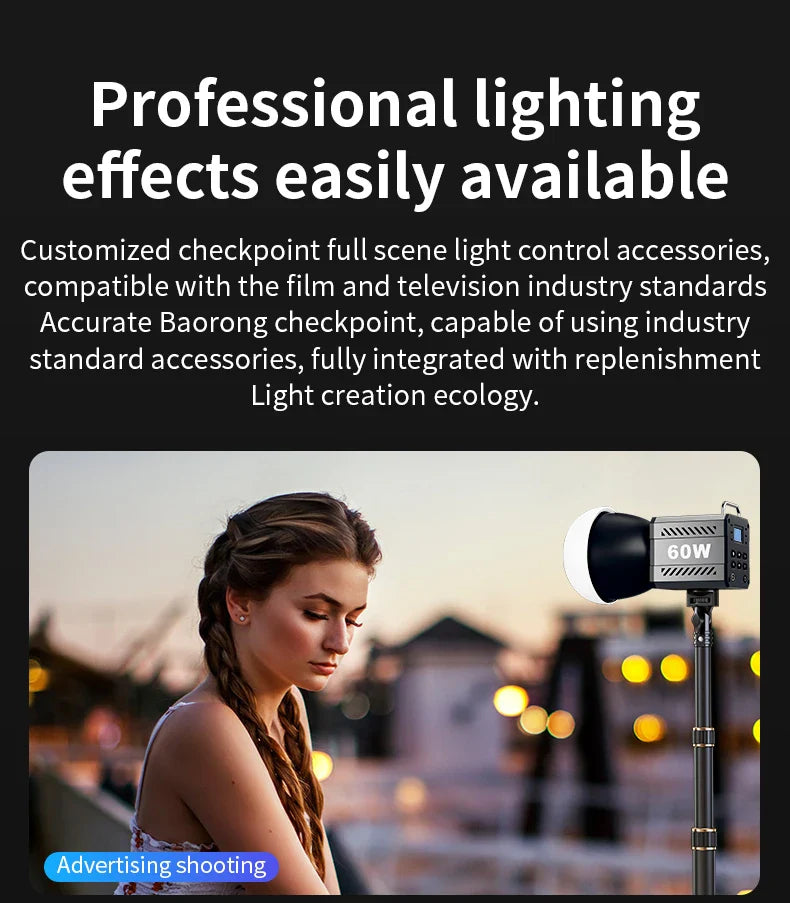 60W COB Video Light - CRI≥90, TLCI≥97, Dual Color Temperature 2700K-6500K, Portable Mini Bowens Live Lighting