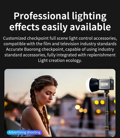 60W COB Video Light - CRI≥90, TLCI≥97, Dual Color Temperature 2700K-6500K, Portable Mini Bowens Live Lighting