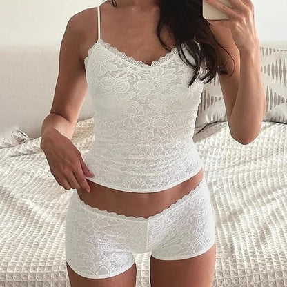 Women 2-Piece Floral Lace Pajama Set – Sheer Sleeveless Spaghetti Strap Camisole Crop Top & Shorts Summer Lounge Sleepwear