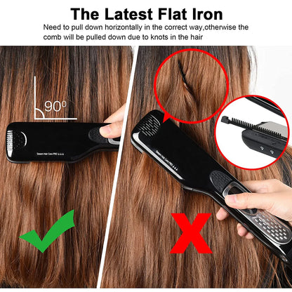 Professional Hair Straightener – Dual Voltage Titanium Curling Iron, Steam Flat Iron & Hot Hair Comb with Wide Plates