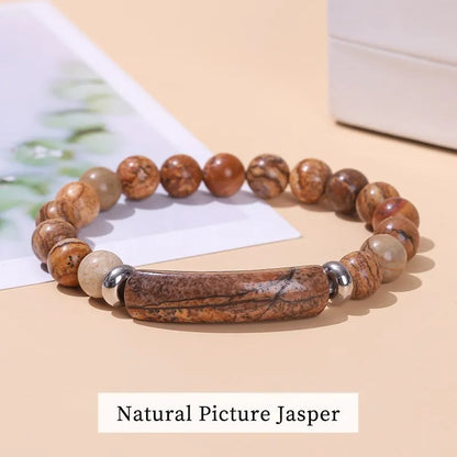 JD Natural Stone Tiger Eye & Amethyst Rectangle Bar Charm Bracelet – Healing Crystal Rough Chakra Jewelry for Men & Women Elastic Wrist Band