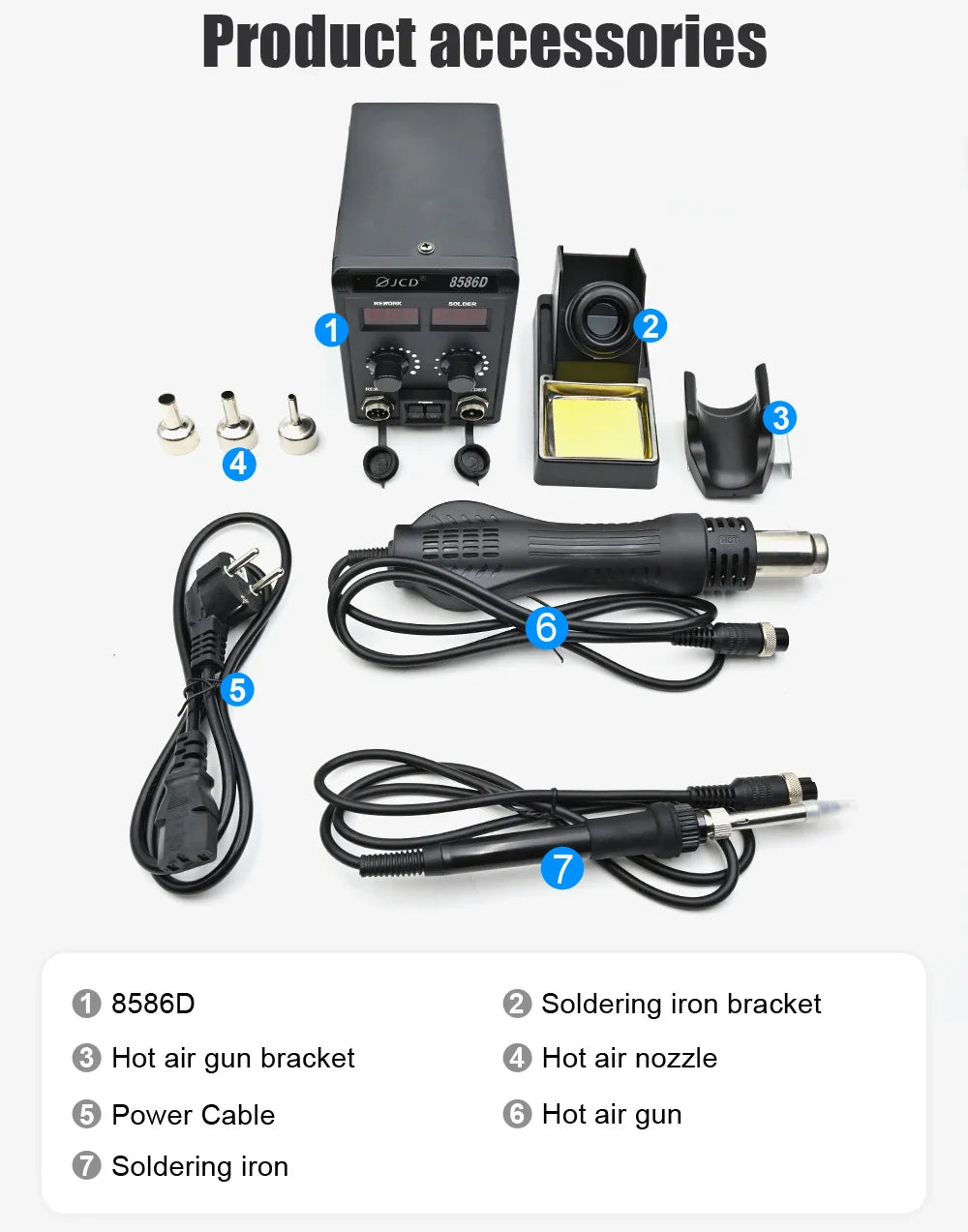 JCD 8586D 2-in-1 750W Soldering Station with Hot Air Gun – LCD Digital Display Electric Soldering Iron for SMD Welding & Rework