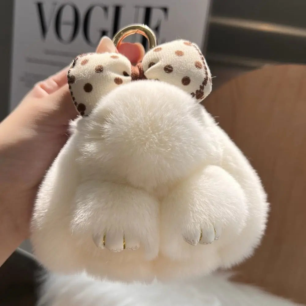 Cute Fluffy Bunny Fur Keychain – Plush Pom Pom Bag Charm and Car Key Ring with Hair Bow