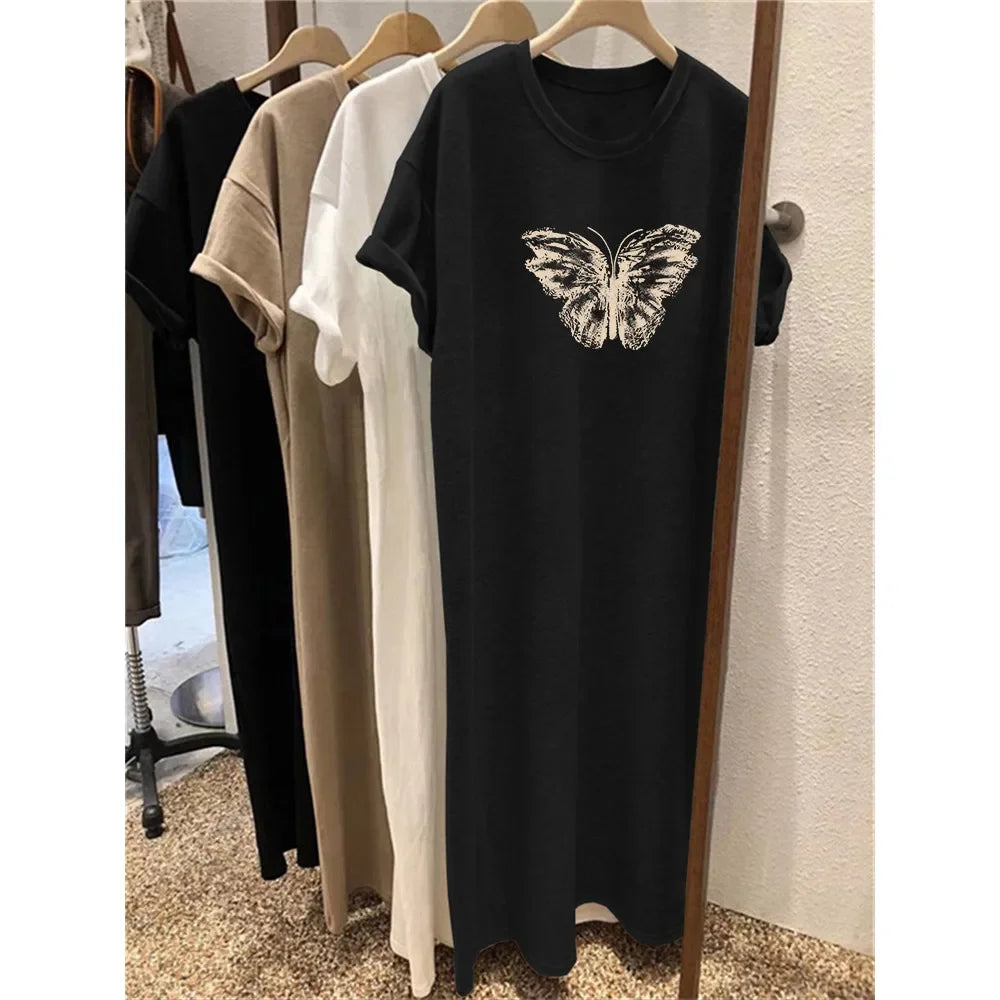 Women's Butterfly Print Summer Dress - Oversized Loose-Fit Short Sleeve Casual Dress