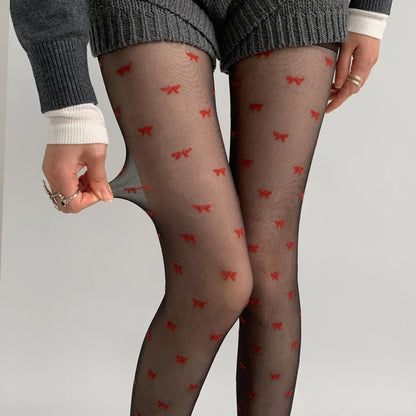 Red Heart Print Silk Stockings — Sexy Nylon Tights for Women, Girls’ Christmas Gift & Nightclub Hosiery