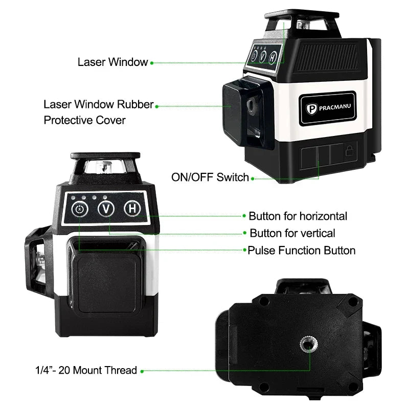 Pracmanu Mini 12-Line 3D Laser Level – 360° Self-Leveling Horizontal & Vertical Green Beam Laser