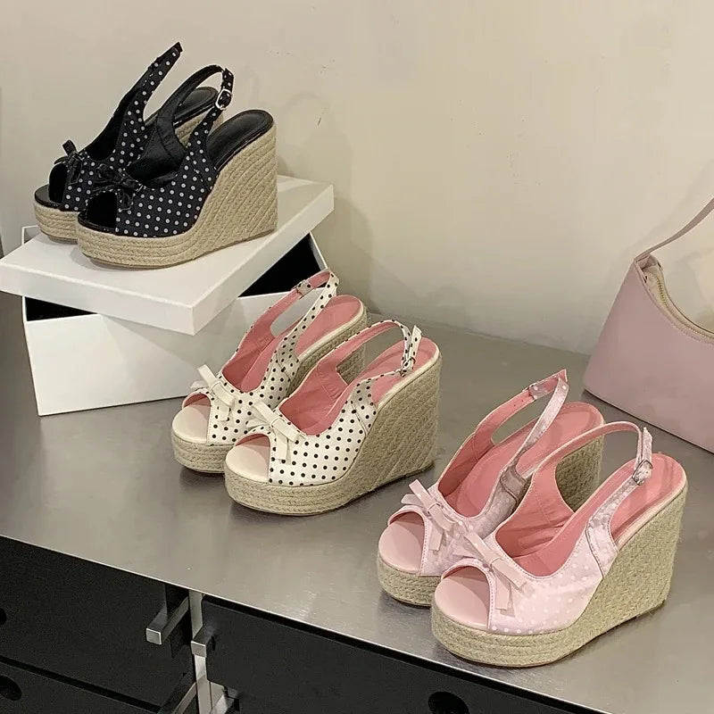 Women’s Peep Toe Wedge Sandals - 12cm French-Style Summer Platform Shoes