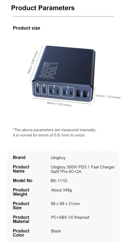 Ubigbuy 300W Multi-Port GaN Charger - USB-C 140W PD 3.1 & PPS 100W Charging Station for MacBook Pro M2, iPhone 15/14, Galaxy