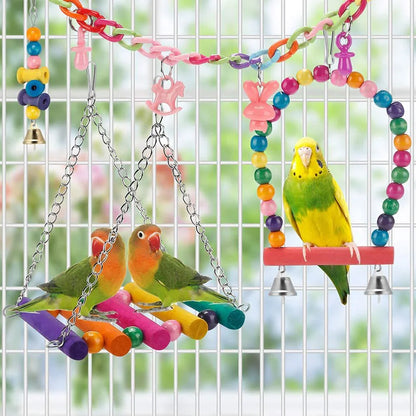 11-Piece Parrot Bird Cage Toy Set - Reliable Chewable Wooden Toys for Parrots, Including Swings, Bridges, Beads, and Shapes