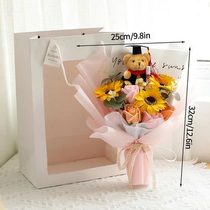 DIY Simulated Flower Bouquet – Crochet Sunflower Finished Product, Graduation, Doctoral, Valentine’s Day & Birthday Gift with Bear