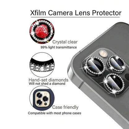 Bling Glitter Diamond Camera Lens Protector Case for iPhone 17/16/15/14/13/12/11 Pro Max Plus – Screen Protector Film Included