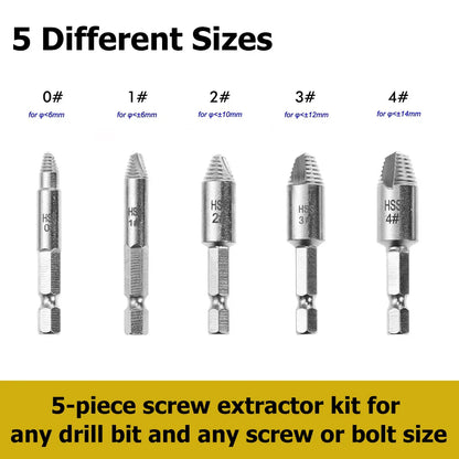 SenNan 5Pcs Damaged Screw Extractor Drill Bit - High-Speed Steel for Easily Removing Broken Screws & Bolts