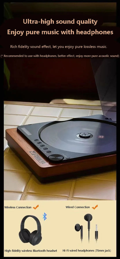 Wooden HIFI CD Player – Bluetooth 5.1, Digital Optical Output, USB Lossless Playback, Infrared Remote Control