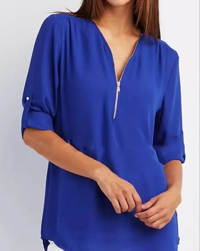 Women’s 2025 Hot Sale Loose Chiffon Blouse – Deep V-Neck Casual Top with Zipper Pullover Plus Size