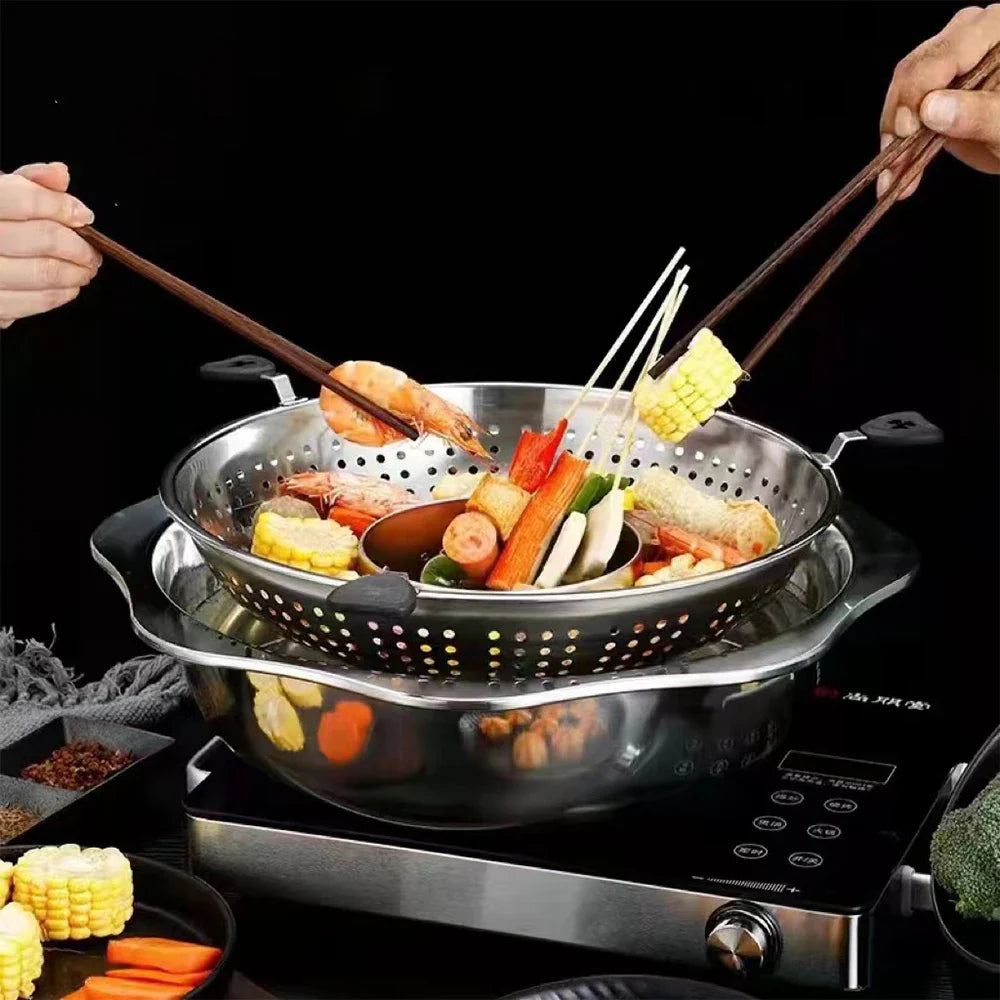 Stainless Steel Rotating Lift Hot Pot - Dual-Sided Mandarin Duck Shabu Shabu & BBQ Steam Pot, Chinese Kitchen Hotpot with Barbecue Feature