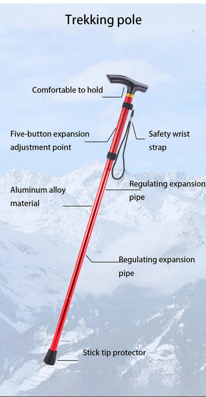 Outdoor Mountaineering Trekking Poles — 5-Section Telescopic Aluminum Alloy Folding Cane for Hiking & Climbing
