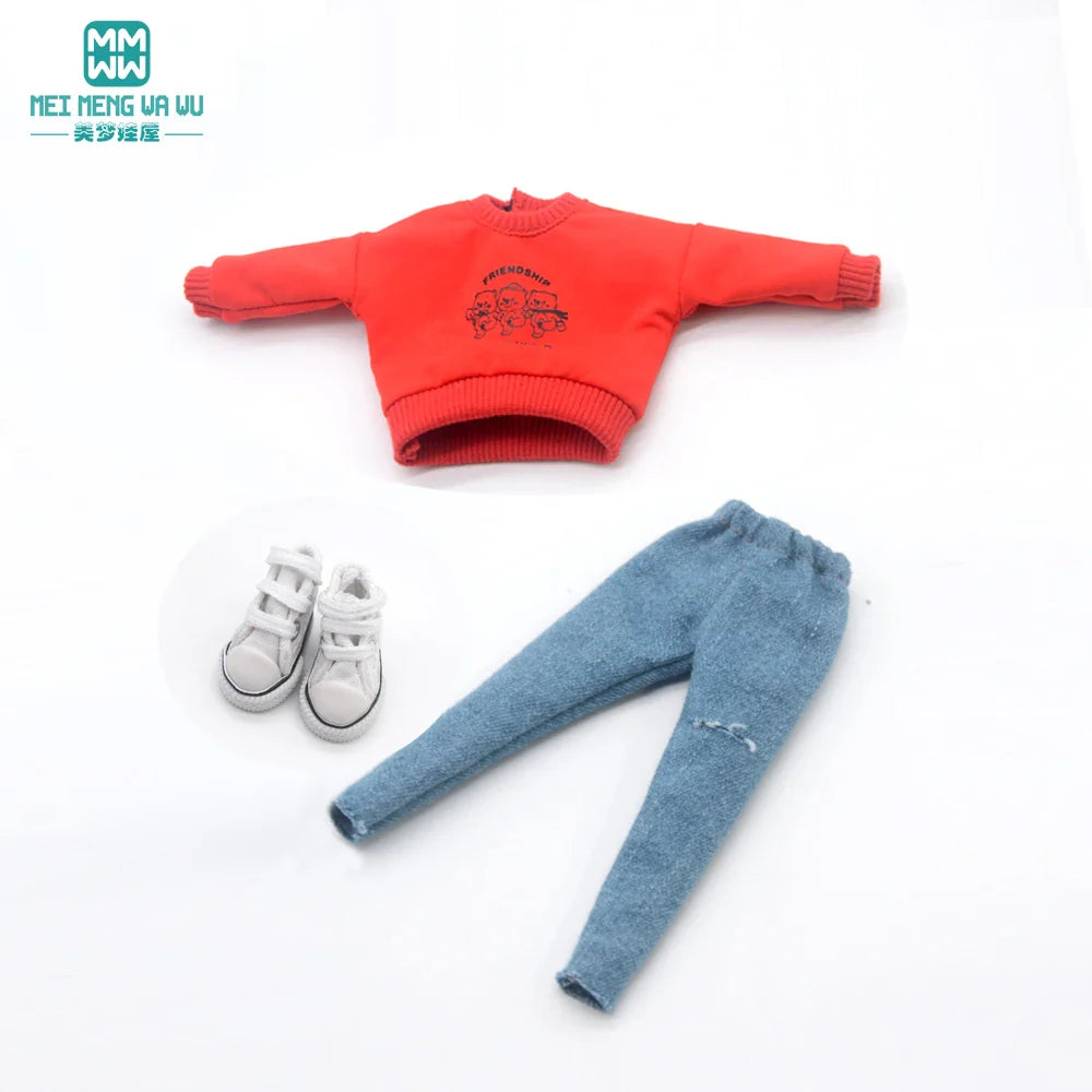 Blythe Doll Clothes – Fashion Tops, Black & White Shirts with Jeans & Plaid Pants for Azone OB22/OB24 Dolls