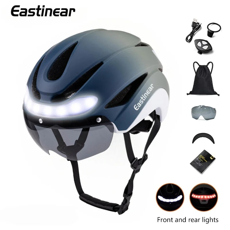 Eastinear Ultralight Road Bike Helmet with LED Lights – Magnetic Goggles & Sun Visor Cycling Racing Helmet for Adults (400g)