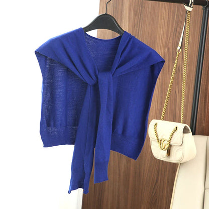Striped Knitted Shawl Scarf – Warm Winter Cape with Fake Collar for Women