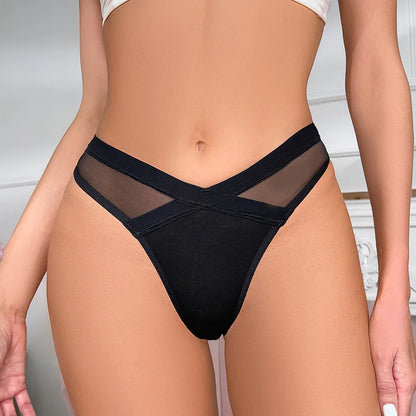 Women's Sexy Low Waist Thong - Solid Color Mesh Transparent Panties with Cotton Crotch | G-String Lingerie