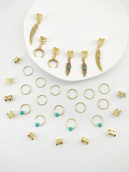31PCS Turquoise Hollow-Out Hair Rings — Dreadlock & Braid Beads, Hair Braid Tubes Charm Jewelry for Styling