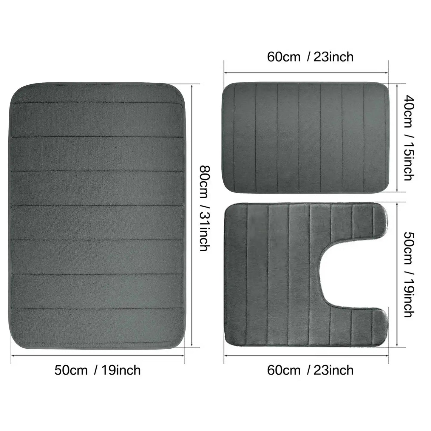 3PC Set Non-Slip Memory Foam Bath Mats - Soft, Water Absorbent, Quick-Dry, Machine Washable Floor Rugs