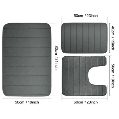 3PC Set Non-Slip Memory Foam Bath Mats - Soft, Water Absorbent, Quick-Dry, Machine Washable Floor Rugs