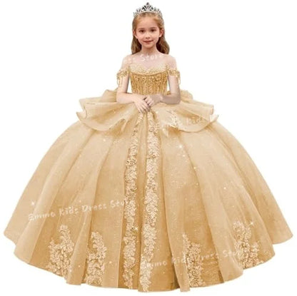 Lace Flower Girl Dress - 3D Floral Appliqué, Beading & Long Bow Ball Gown