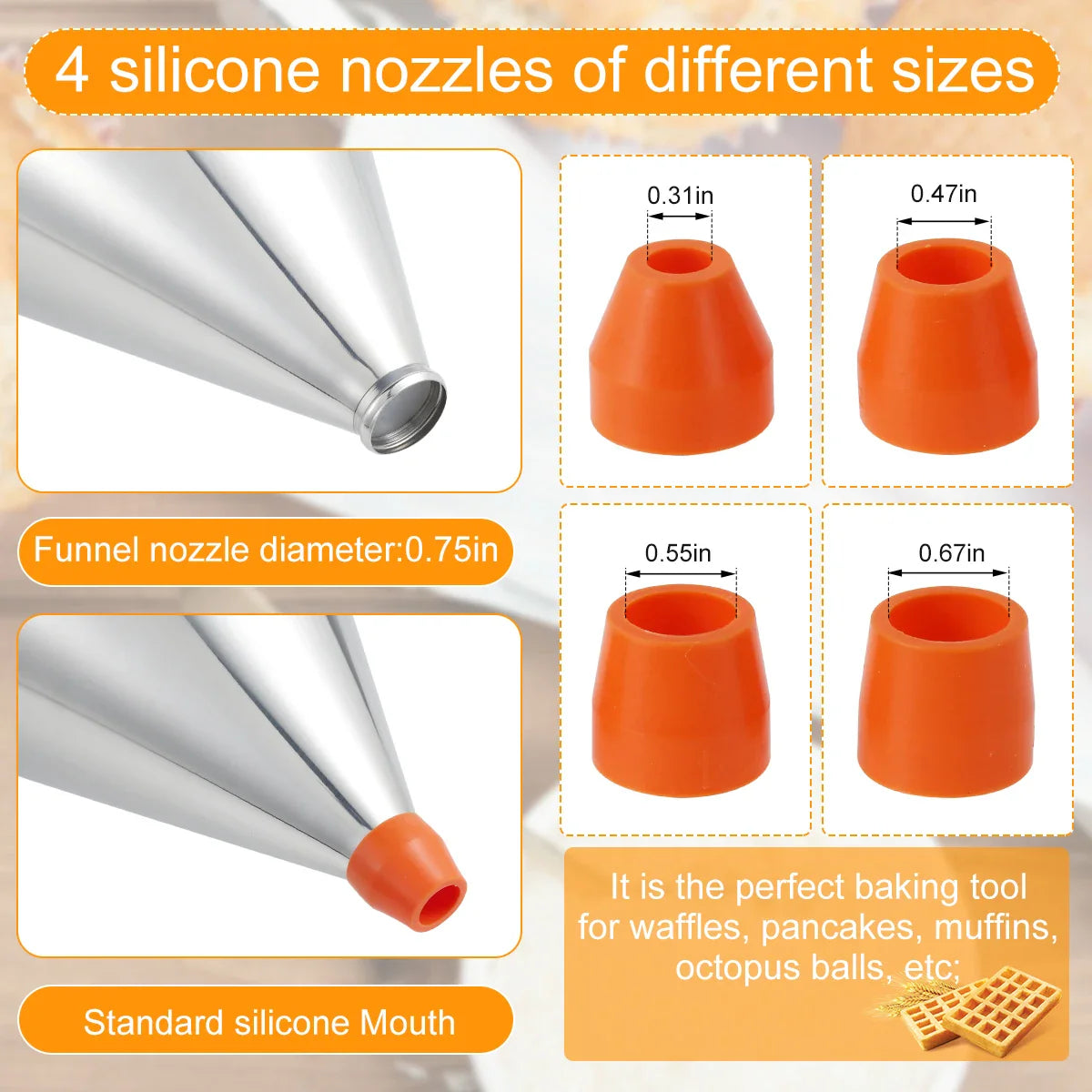Stainless Steel Pancake Batter Dispenser with Stand – Multi-Caliber Funnel for Cupcakes & Baking Tools