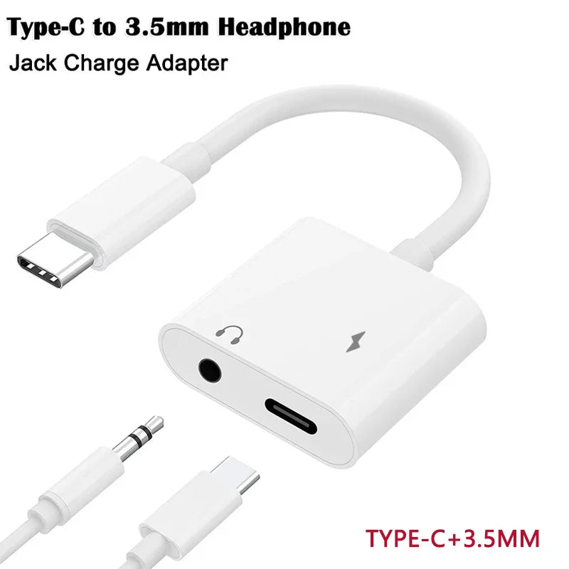 2-in-1 USB-C to 3.5mm Audio Adapter — Dual Type-C Jack Charging & Aux Cable for Samsung, Xiaomi Wired Earphones