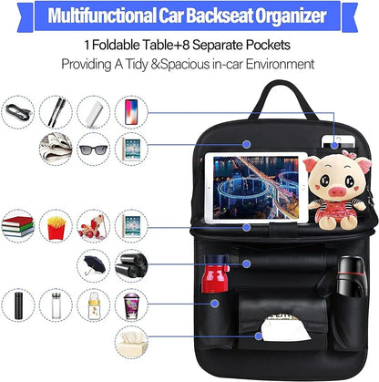PU Leather Car Seat Back Organizer – Auto Storage Bag with Foldable Table Tray, Tablet Holder, and Tissue Box Pockets