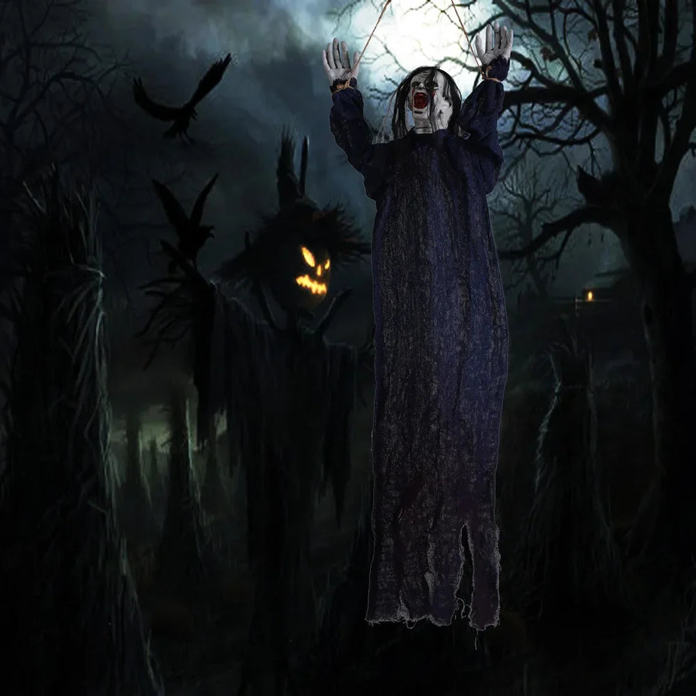 Halloween Hanging Ghost Decoration — Movable Skeleton Horror Prop with Long Hair for Haunted House and Bar 2025