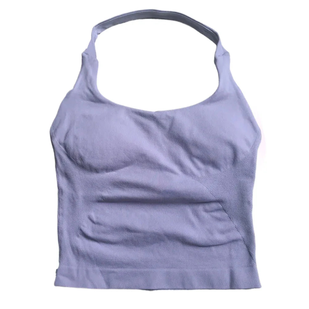 Women’s Strappy Gym Tank Top – Padded Sports Bra Backless Seamless Yoga Crop Top Halter Fitness Vest Activewear