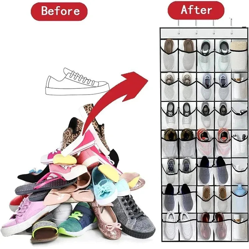 Over The Door Shoe Organizer - 12/24 Pocket Large Mesh Hanging Shoe Rack with Hooks for Bedroom Storage