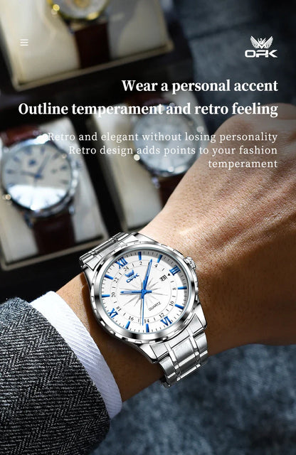 OPK Men's Quartz Watch — Steel Belt Dual Calendar Wristwatch Model 6003