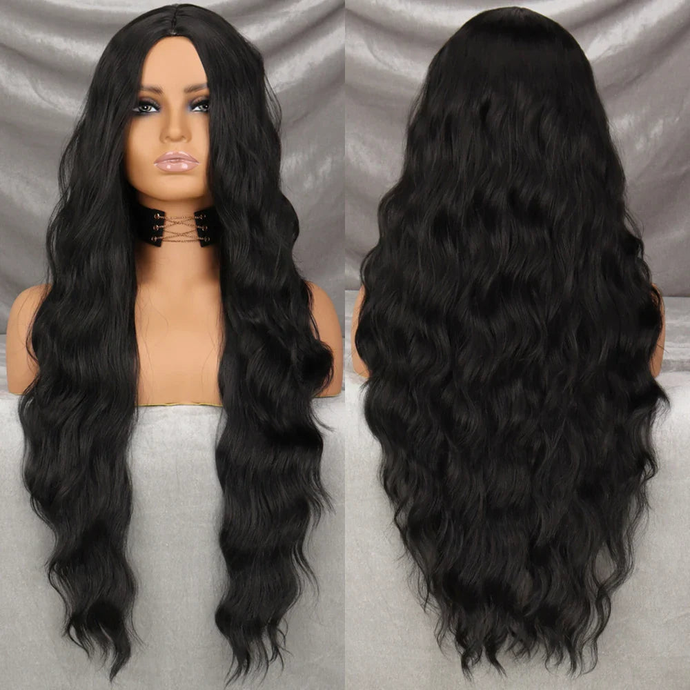 Long Wavy Green Synthetic Wig – Heat-Resistant Women's Cosplay, Party, Lolita Style, Half Part, Red/Black/Pink