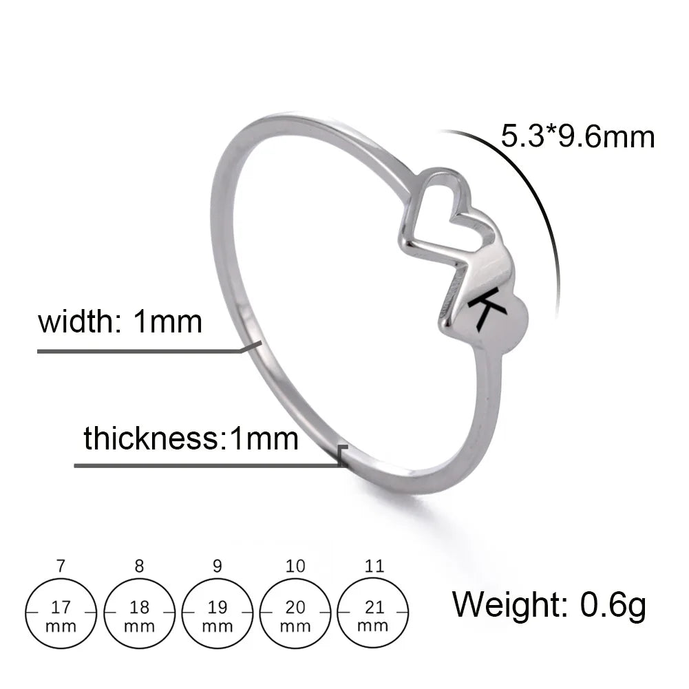 HIPEE Stainless Steel Letter Ring - A-Z Alphabet Double Heart Hollow Charm Ring for Women Wedding Jewelry Gift