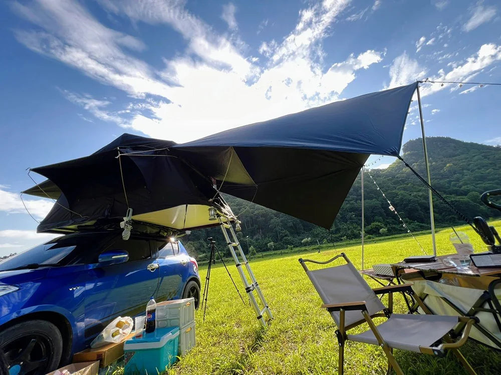 Manta Ray Car Side Awning – Black Coating Tarp with Suction Cup Anchor, Waterproof UV Protection for Outdoor Camping & SUV Shade