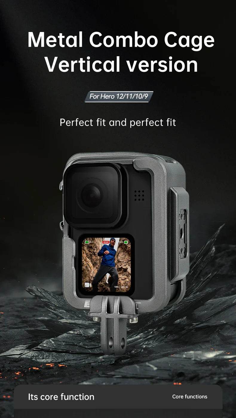 TELESIN Aluminum Alloy Cage for GoPro Hero 12/11/10/9 – Vlog Frame Case with Cold Shoe Mount & Protective Housing