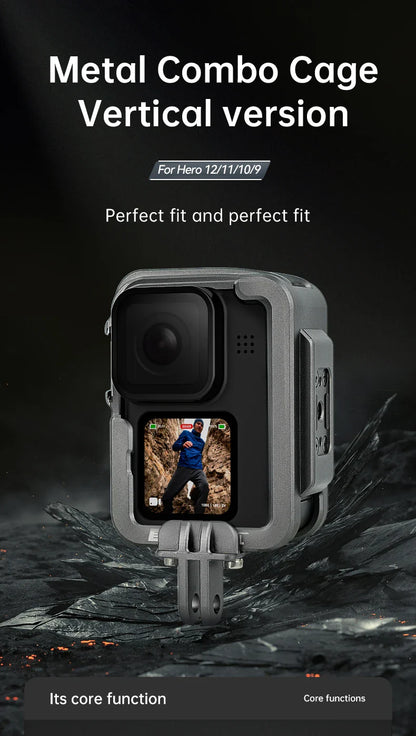 TELESIN Aluminum Alloy Cage for GoPro Hero 12/11/10/9 – Vlog Frame Case with Cold Shoe Mount & Protective Housing