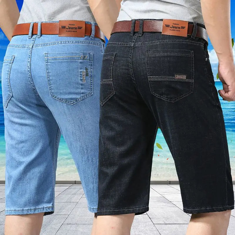 Men's Embroidered Denim Shorts - Summer Thin Straight Leg Casual Blue Jean Shorts