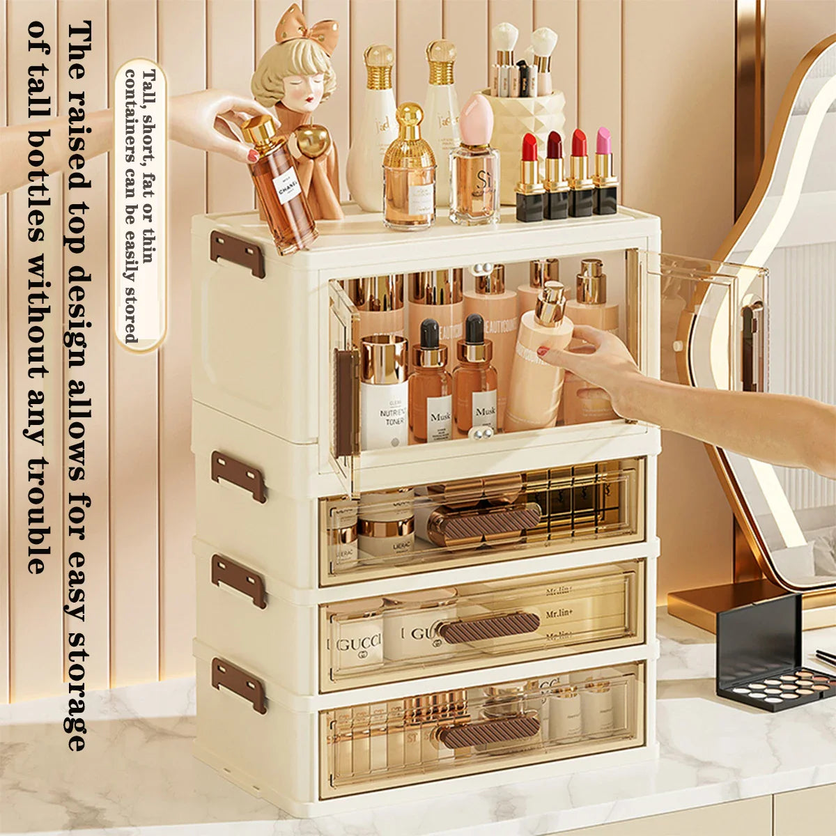 Foldable Transparent Cosmetic Organizer — Multi-Layer Drawer-Style Desktop Beauty Storage Box, Dustproof Makeup Organizer