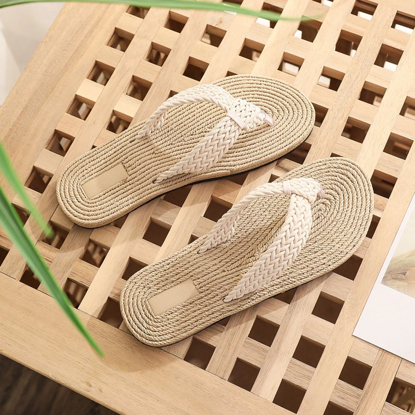 Women’s Beach Flip Flops - Flat Thong Sandals with Imitation Hemp Rope Design