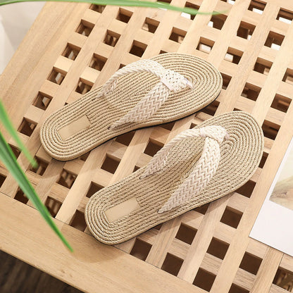 Women’s Beach Flip Flops - Flat Thong Sandals with Imitation Hemp Rope Design