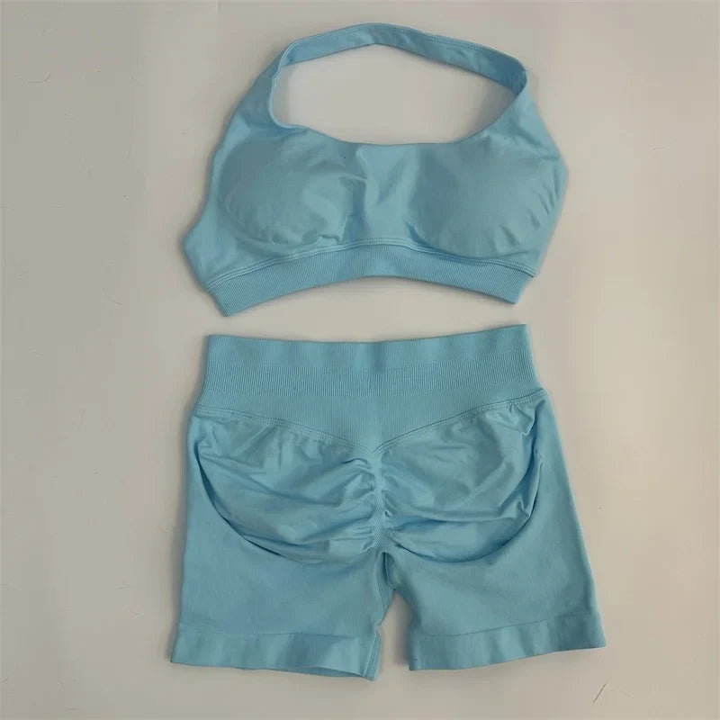 2PCS Seamless Yoga Workout Set – Scrunch Shorts & Halter Sports Bra Gym Fitness Outfit