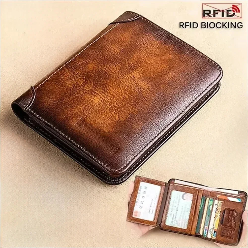 Genuine Leather Men’s Wallet – RFID Blocking Trifold, Vintage Thin ID & Credit Card Holder, Multi-Function Purse