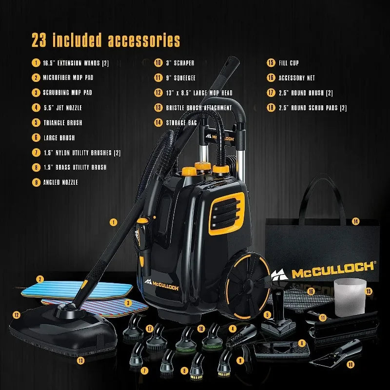 McCulloch MC1385 Deluxe Canister Steam Cleaner with 23 Accessories - Chemical-Free Pressurized Cleaning
