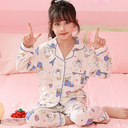 2pcs Kid's Cinnamoroll Pajamas Set - Long Sleeve Top & Pants, Kuromi Sanrio Print Loungewear for Girls